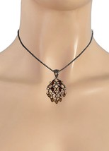 Vintage Inspired Champagne Brown Dark Silver Tone Choker Short Pendant Necklace - $14.73