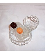 GLASS CHICKEN SHAKERS YELLOW &amp; BROWN LIDS W/ HOLDER /OLD! - £12.78 GBP