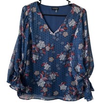 1 State Blouse Medium Floral Blue Red Tan White Polyester V Neck Lined - $8.99