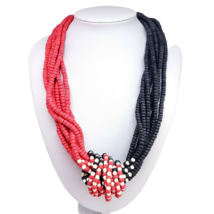 Red Black Coco Wood Beaded Statement Necklace Chunky Chic Jewelry Folk Eco - £11.75 GBP