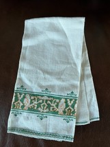 Vintage Cream Linen Tea Hand Towel w Embroidered Green &amp; Yellow Irish Celtic Bir - £8.88 GBP