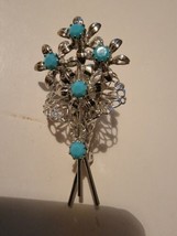 Vintage Brooch Silver Tone Turquoise Flowers Floral  - £38.36 GBP