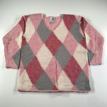 Anne Klein Sweater Womens 14/16 Pink Red Gray Argyle Diamonds Mohair Fuzzy - $34.58