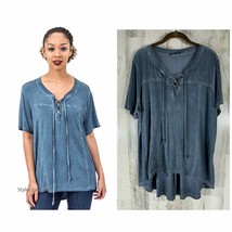 Pol Womens Top Tunic Oversized Small Washed Blue Lace Up Neck High Low Hem - $24.72