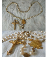 ROSARY PEARL NECKLACE with cross and medal laminated gold Original - £31.46 GBP