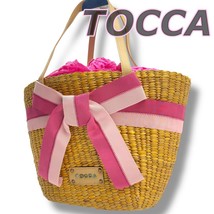 TOCCA Beige Straw Tote Bag Pink Ribbon Leather Trim Shoulder Handle MBb0773 - $108.13 CAD