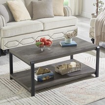 Excefur Coffee Table With Storage Shelf, Rustic Wood And Metal Cocktail, Grey. - £143.19 GBP