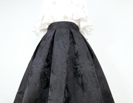 Women Black Midi Skirt Autumn Black Pleated Party Skirt Plus Size Line Pattern image 8