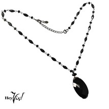 Vintage Signed Monet Black Glass Oval Pendant Necklace  18&quot; Bead Chain -... - £15.98 GBP