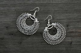 Filigree Gypsy Loop Earrings, Silver Circle Turkish Earrings, Ethnic Hoops - £13.43 GBP