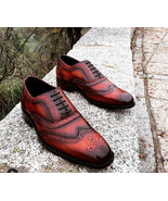 New Men Red Black Burnished Brogue Toe Wing Tip Oxford Genuine Leather S... - £114.76 GBP