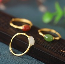 Natural South Red Agate or White Jade or Green Jasper Jade S925 Gold Ring - £22.05 GBP