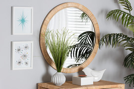 Saverio Natural Brown Mahogany Wood and Natural Rattan Round Mirror - $157.00