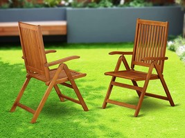Two Solid Acacia Wood 5-Position Outdoor Folding Arm Chairs. - £156.62 GBP
