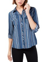 $44 Ny Collection Womens Printed Button Down Shirt Top Blue Size Petite Medium - £9.38 GBP