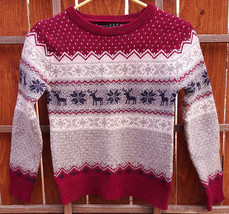 Atmosphere Sweater-Size 10-80% Wool-Maroon/Gray-Snowflake Reindeer-Chris... - $37.39