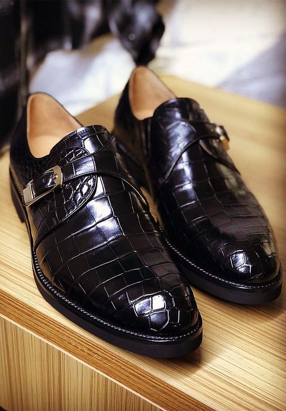 NEW Men,s Handmade Leather Shoes Monk Strep Crocodile Texture Leather Men Black