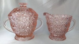 JEANNETTE Holiday Buttons &amp; Bows Pink Depression Glass Creamer &amp; Sugar Set - $24.40