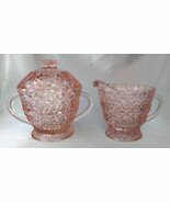 JEANNETTE Holiday Buttons &amp; Bows Pink Depression Glass Creamer &amp; Sugar Set - $24.40