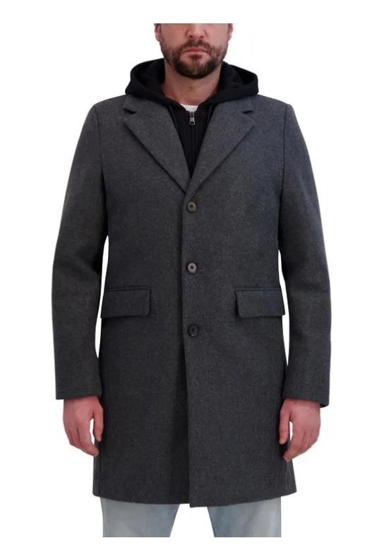 DKNY Mens Overcoat Gray Faux Wool Pockets Removable Bib Hood Heavyweight Item image 4