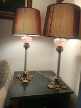 Mcm Elegant Blown Glass Table Lamp Lights Hollywood Regency Bronze Cranberry Red - £254.97 GBP