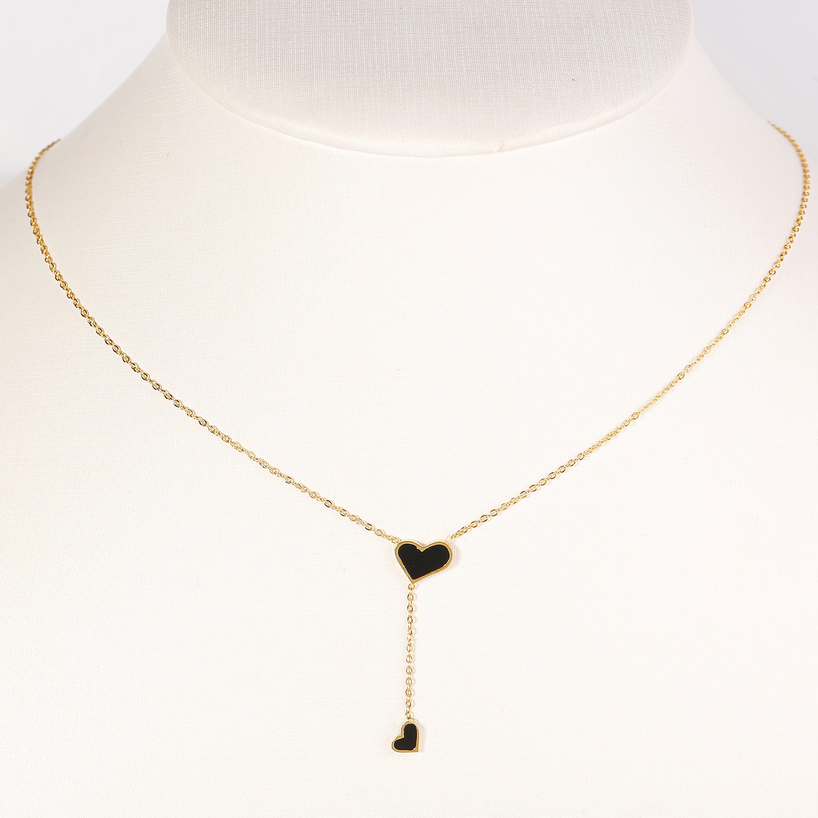 Gold Tone Heart Pendant Necklace, Dangling Charm with Jet Black Inlay