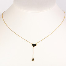 Gold Tone Heart Pendant Necklace, Dangling Charm with Jet Black Inlay - £20.03 GBP