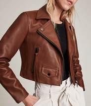 Leather Jacket Motorcycle Slim Biker Brown Jacket Women Lambskin Soft Real - £85.50 GBP