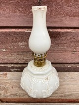 Antique Opaque White Milk Glass Miniature Fleur De Lis Lamp W Chimney - £23.69 GBP