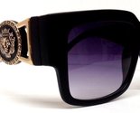 Black Square Gold Lion Head Medallion Square Sunglasses Black Lens (MED-2B) - $13.67