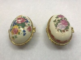 Set Of Two Porcelain Egg Trinket Box Early 20th C Floral Designs Clasp - £23.75 GBP
