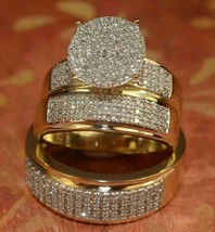14K Placcato Oro Giallo Diamanti Finti Lui Lei Matrimonio Trio Fedina Set - £149.04 GBP
