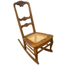 Antique Oak Rocking Chair w/ Carved Back &amp; Cane Seat – 17” Wide Vintage ... - $110.19