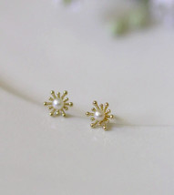 9ct Solid Gold Open Flower Stud  Earrings Handmade -pearl,9K Au375, gift - £74.82 GBP