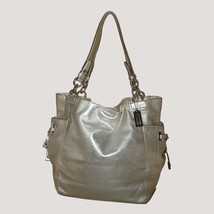 Coach Peyton Tote Bright Silver Metallic Leather Bag Polka Dot Lining Handles - $112.20