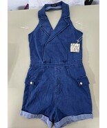Active USA Women&#39;s M Notched Collar Halter Style Neck Denim Shorts Rompe... - $401.11 MXN