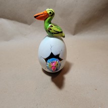Hatched Egg Pottery Bird Parrot Pelican Mexico Hand Painted Clay Signed 145 - £22.21 GBP
