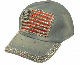 American Flag + Denim + Crystal Rhinestones BLING! Distressed look Baseball Cap - £14.78 GBP