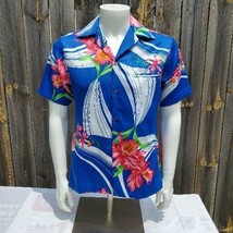 Hilo Hattie Vintage Hawaiian Shirt Size S Blue with Orchid - £39.50 GBP