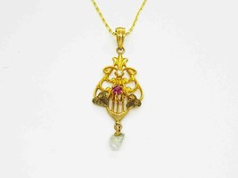 Vintage Pearl Drop Ruby Lavalier Pendant 10k Gold on Thin Chain 14k Gold 20&quot; - £392.67 GBP