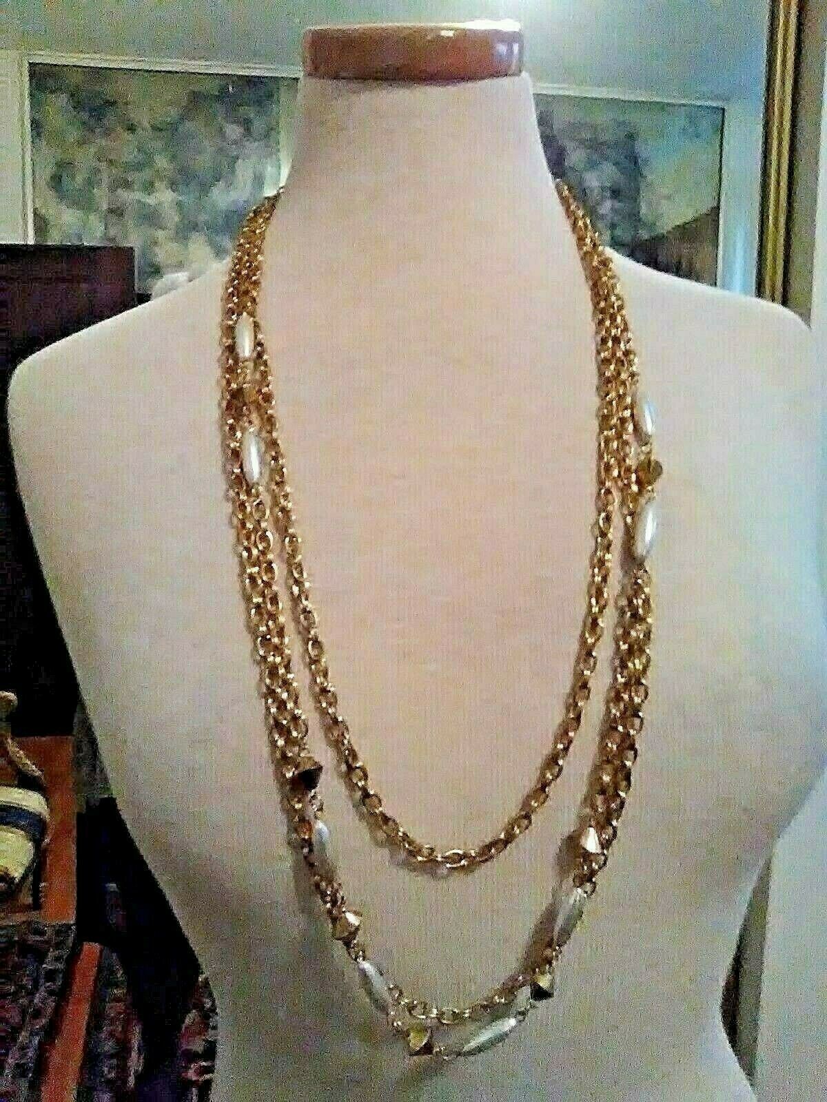 Primary image for VINTAGE GOLDEN NECKLACE 3 ROW CHAINS & PEARL ACCENT
