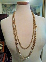 VINTAGE GOLDEN NECKLACE 3 ROW CHAINS &amp; PEARL ACCENT - £25.28 GBP