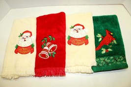 Set Of 4 Embroidered Red Ivory &amp; Green Holiday Christmas Hand Towels Santa Bells - £14.01 GBP