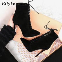 Yken new punk women ankle boots lace up pointed toe high heel black chelsea boots pumps thumb200