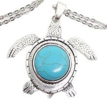 Turtle Turquoise Necklace Pendant Large Boho Ethnic Chain Statement 31&quot; Chain - £10.29 GBP