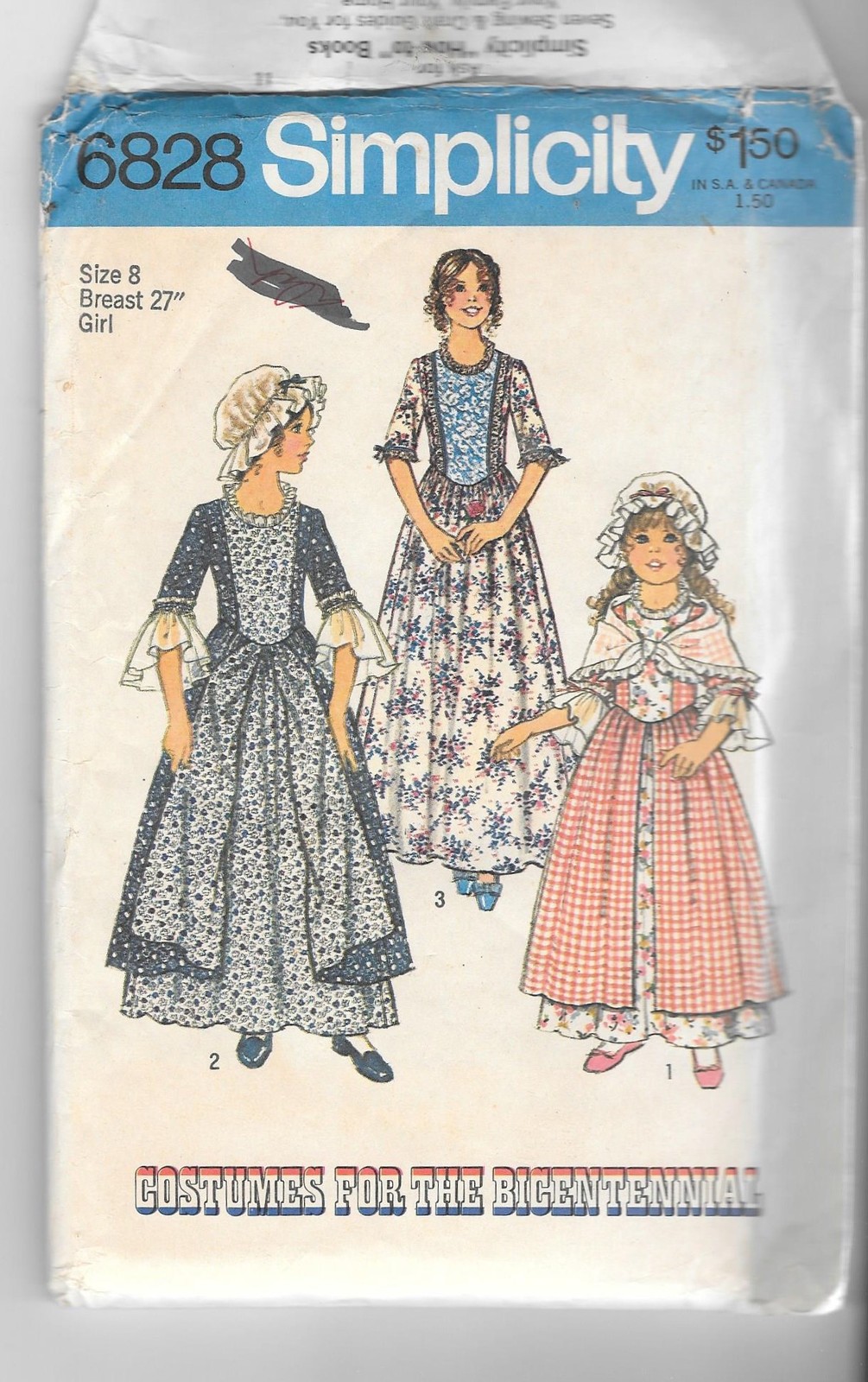 Vintage Simplicity 6828  Colonial Dresses , Two-Piece Dress, Cap and Shawl Sewin - $12.99