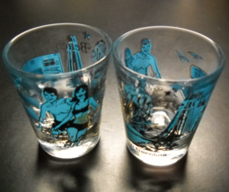 Myrtle Beach South Carolina Shot Glass Set of Two Blue Gold Illustrations Park - £9.44 GBP