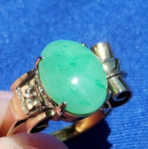 Earth mined Green Jade Antique Engagement Ring 14k Gold Setting Size 7.75 - £2,630.90 GBP