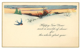  Victorian New Years greeting card blue bird winter landscape 1920 vintage - £11.19 GBP