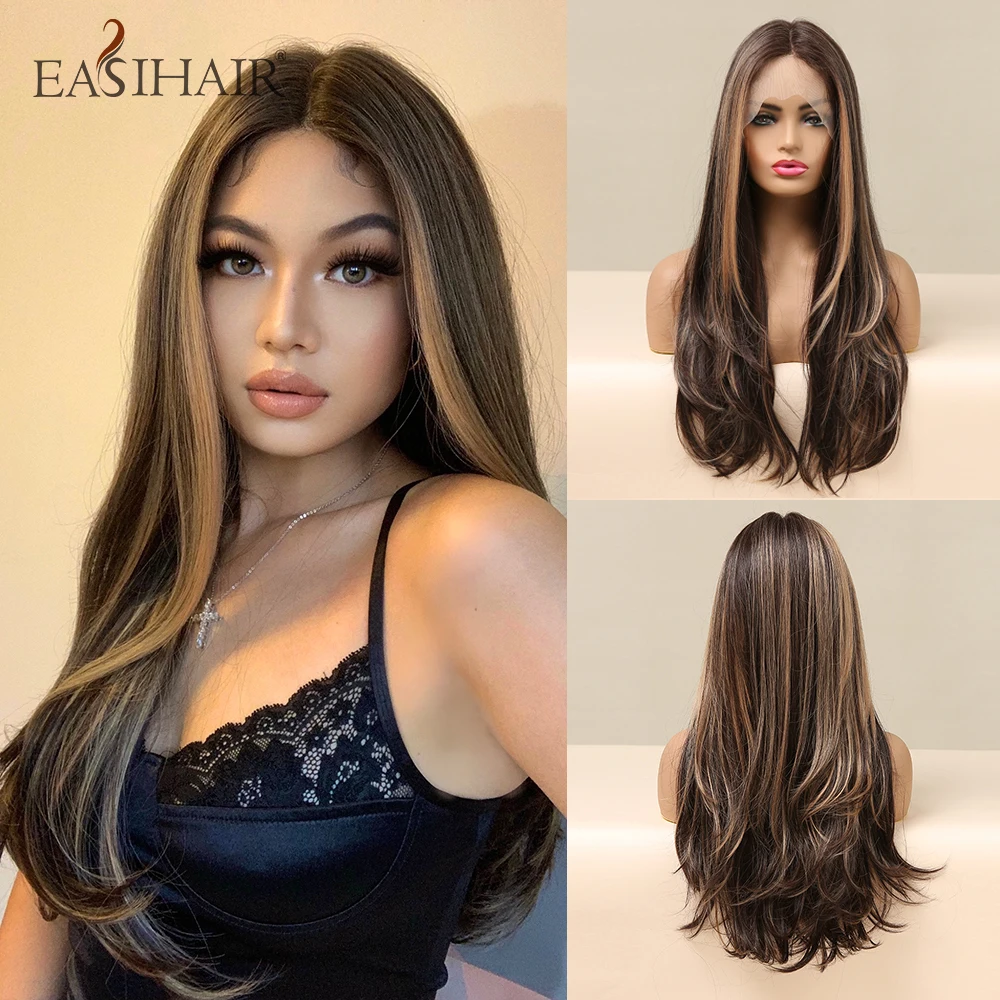 EASIHAIR Long Brown Lace Front Synthetic Natural Hair Wigs Blonde Highlight Lace - £48.76 GBP